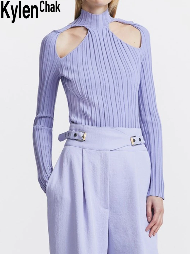 

Sexy Tight-fitting Hollow Ribbed Knit Top Slim Fit Long Sleeve Half High Neck Solid Color 2021 Fall/Winter Women's Clothing