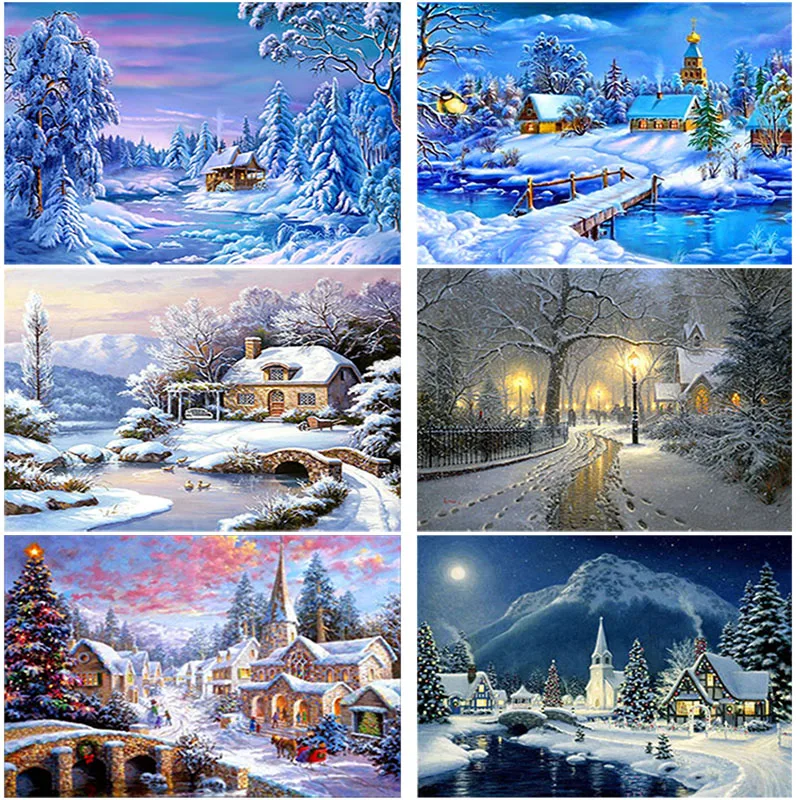 

DIY 5D Diamond Painting Winter Snow Scenery Diamond Embroidery House Cross Stitch Full Round Drill Mosaic Art Wall Home Decor