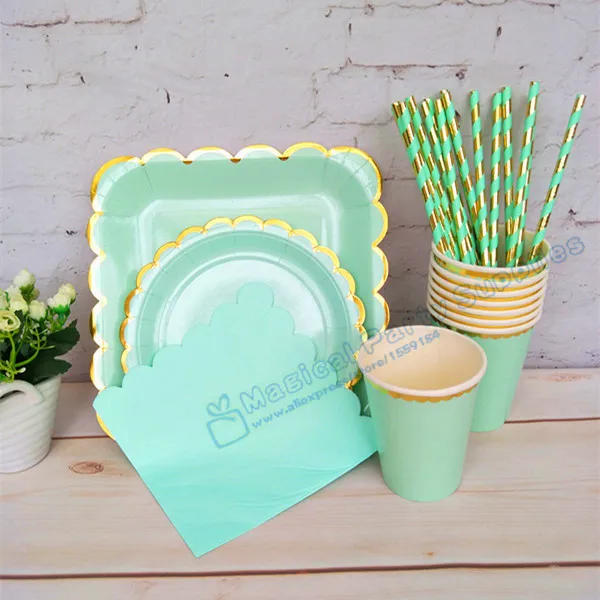 16 комплектов мятно зеленые и золотые бумажные тарелки для вечерние посуды|straw for