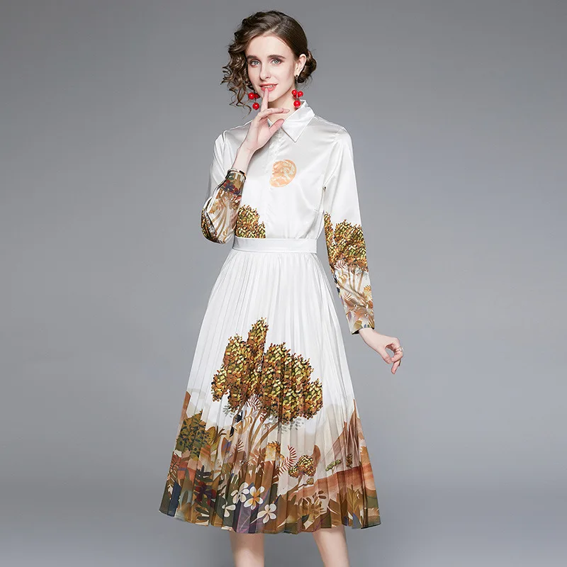 

Женское платье 2021, повседневные женские платья с длинным рукавом и растительным принтом, юбки из двух частей до щиколотки на пуговицах с лац...