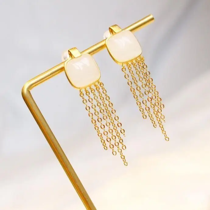 

New silver inlaid natural Hotan white jade Tassel Earrings Chinese style retro unique ancient gold craft charm women's jewelry