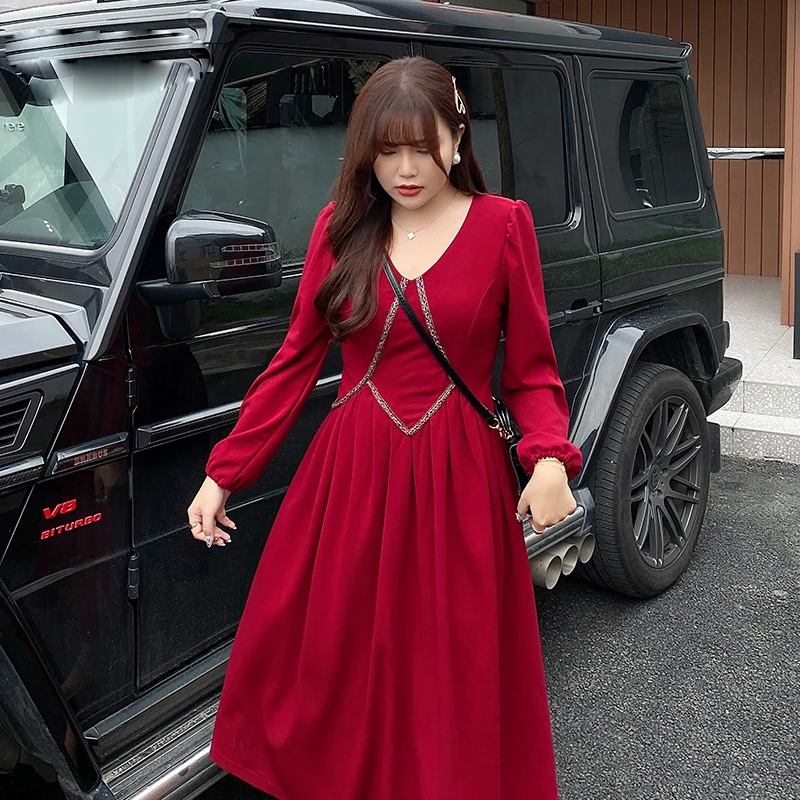 

Plus Size Dress for Women Spring Autumn Casual Vintage Black Red V Neck Long Sleeve Loose Pleated Clothing XL-4XL Freeshipping
