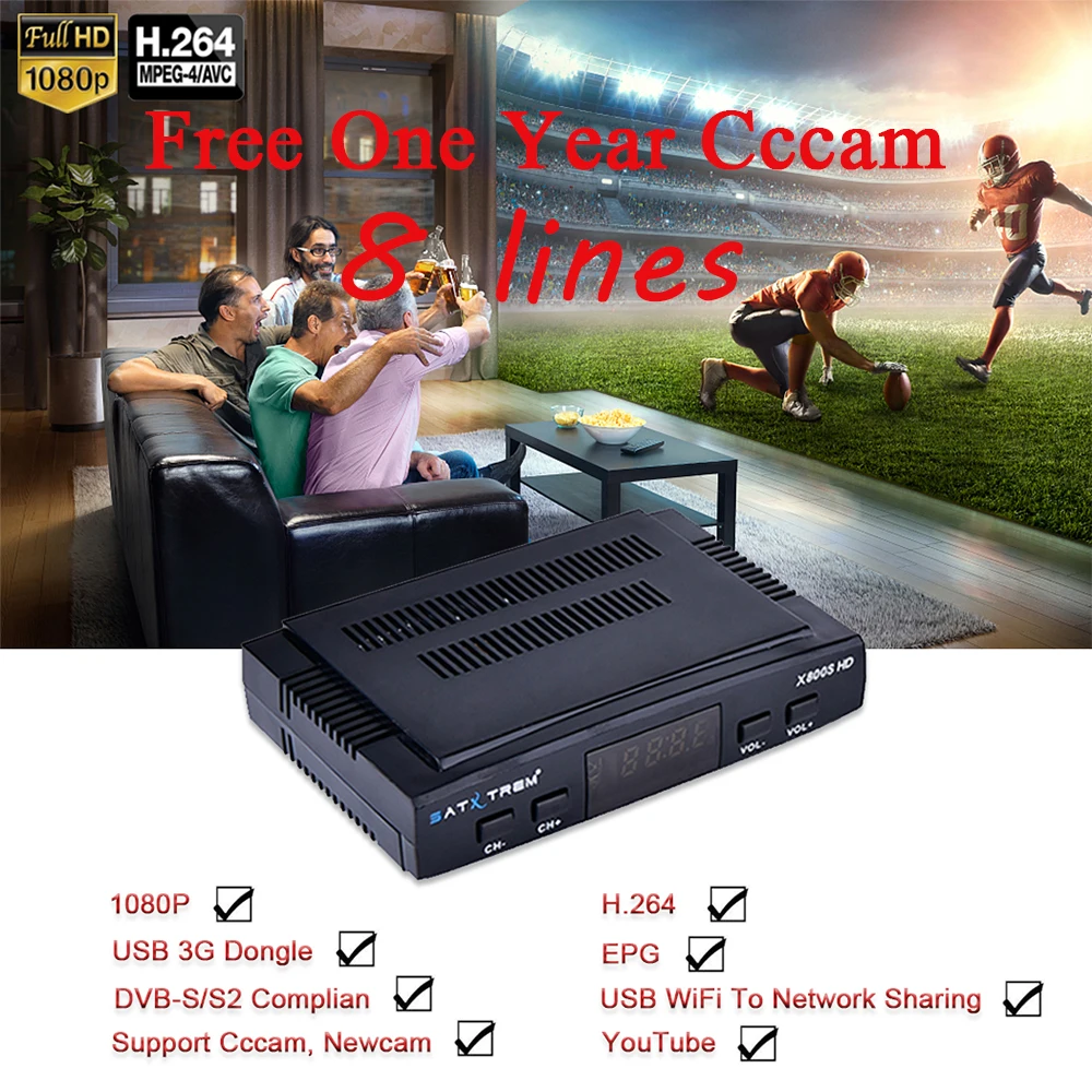 Satxtrem X800S HD Ccam спутниковый ресивер DVB-S2 Цифровой 1080P рецептор Azamerica Испания ТВ Тернер приемник с MT7601 Wifi