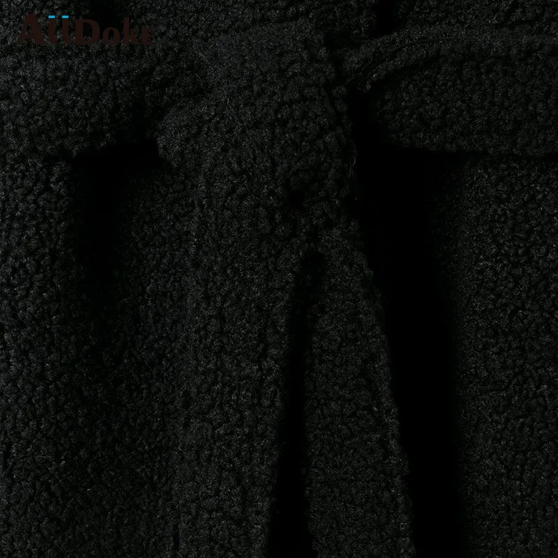 

Alldoke Women Fleece Teddy Vest Coat Black Casual O-neck Sashes Bow Sleeveless Warm Long Coats Winter Vest Jacket