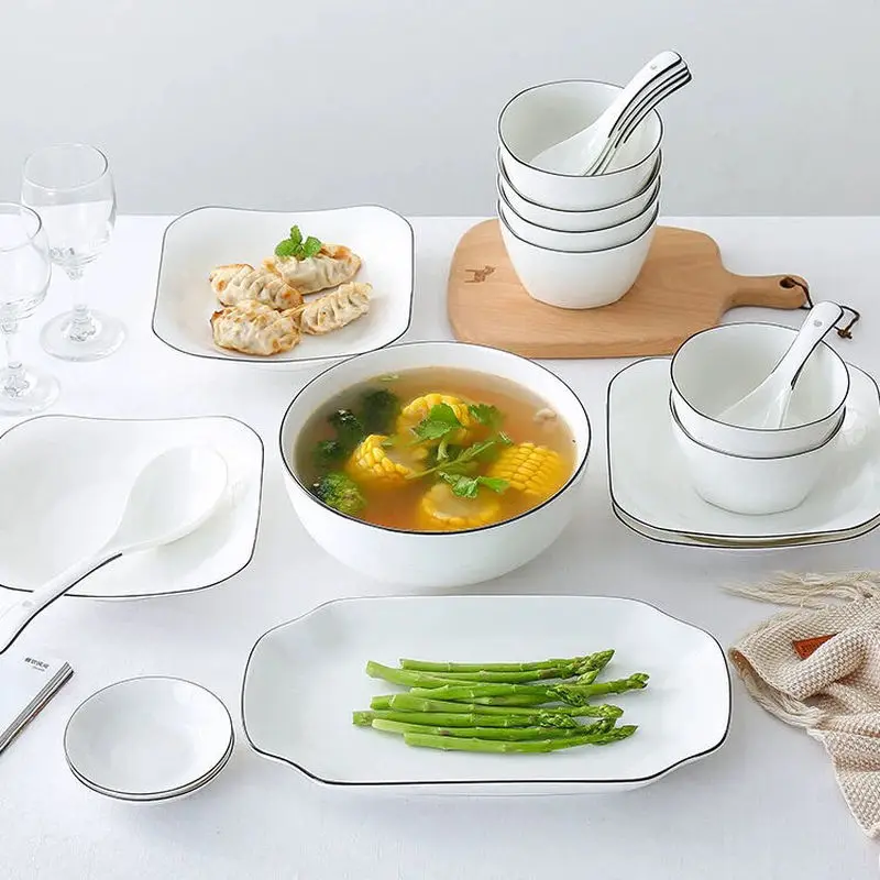 Посуда с черной окантовкой домашняя столовая миска столовые приборы тарелка