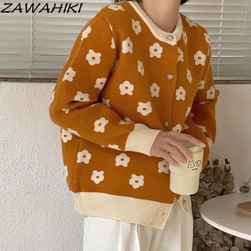 

Женский вязаный кардиган с круглым вырезом, длинным рукавом и цветочным принтом