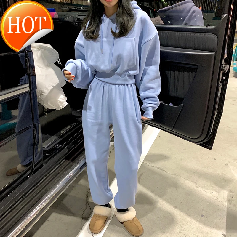 

South Korea autumn 2020 hooded and pocket inserted leisure sweater elastic loose radish Pants Set