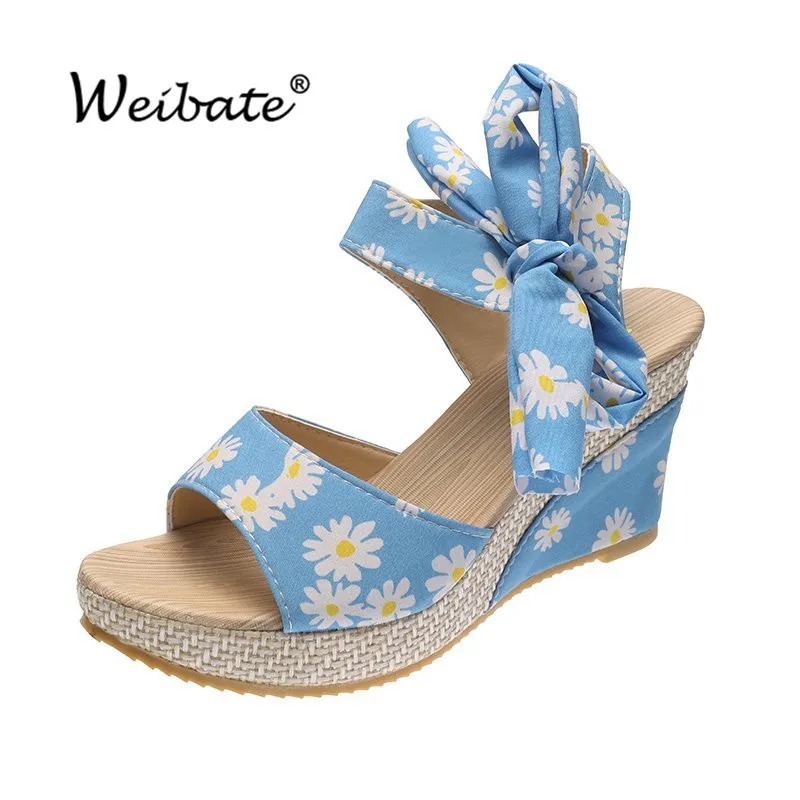 

Women Sandals Daisy Bowknot Design Platform Wedge Female Casual High Increas Shoes Ladies Fashion Ankle Strap Open Toe Sandals