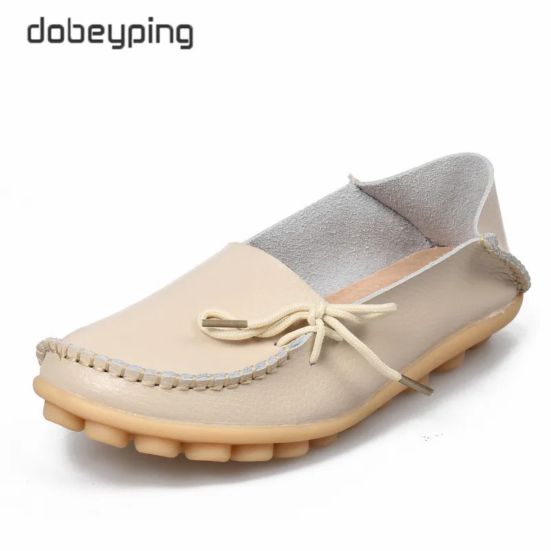 Beige Новые женские мокасины на плоской подошве г. Осенние женские лоферы женская обувь из натуральной кожи женские Балетки без застежки с бантом Размер 35-44 - Цвет: Beige