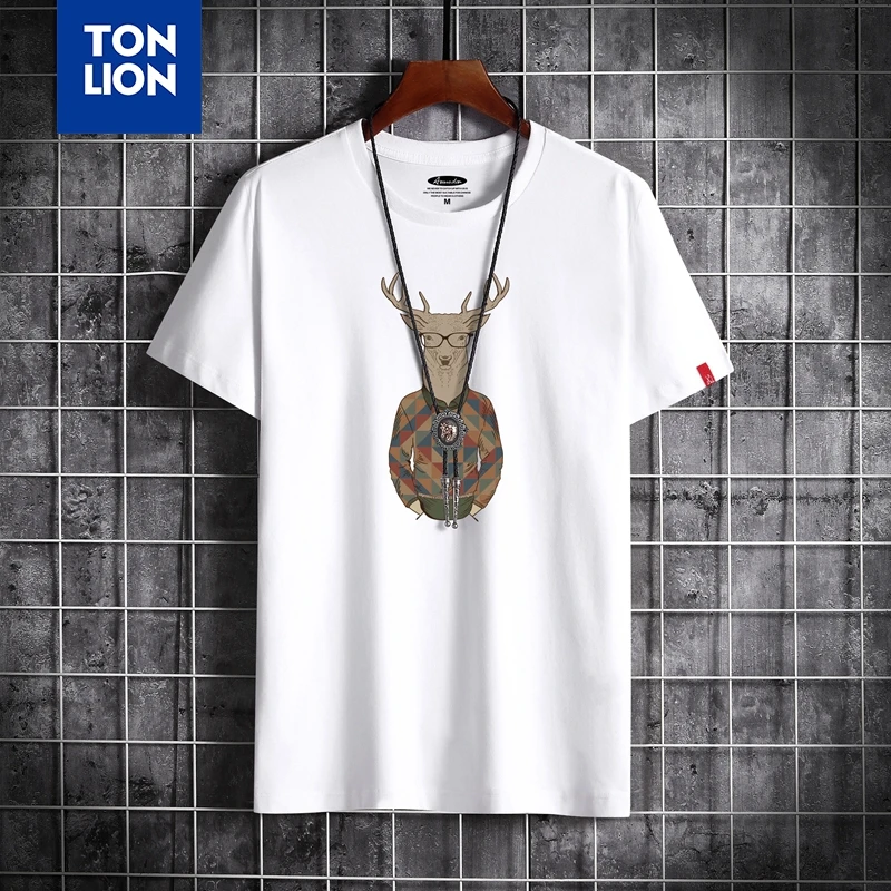

2020 новые брендовые футболки с мультяшным принтом оленя, мужские белые топы, футболки, хлопковые повседневные футболки для мужчин, одежда с к...
