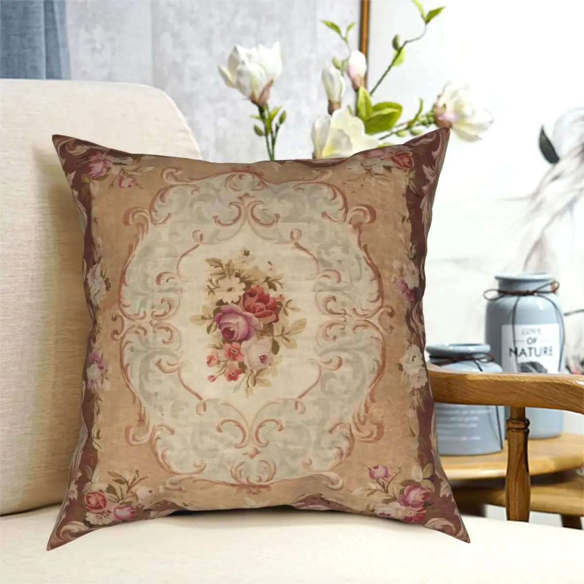 Античный розовый цветочный французский коврик Aubusson квадратный чехол для подушки