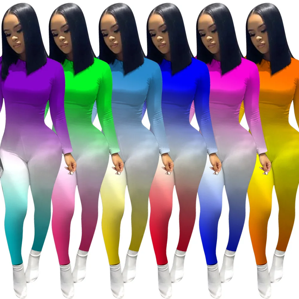 

Women Gradient Print Long Sleeve Sport Bodycon Jumpsuit Bandage Skinny Bodysuit Streetwear Fall Winter Romper One Piece Outfits