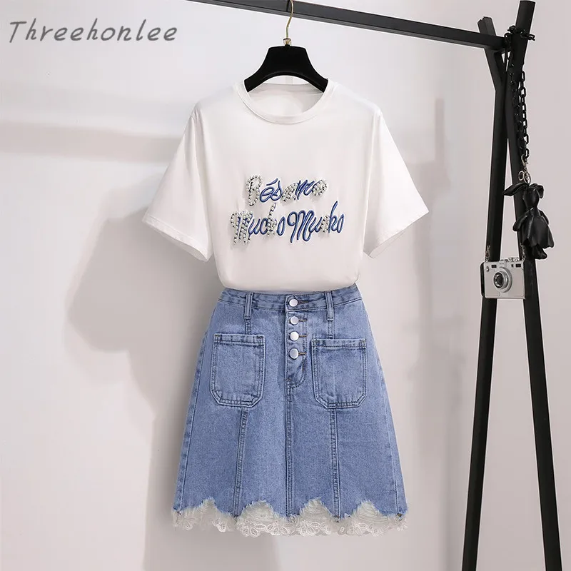 

Женский комплект из двух предметов, рубашка с жемчугом и джинсовая юбка с высокой талией, летний топ и мини-юбка, 2021