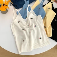 pearl diary women knitting sweet tops summer solid color v neck ruched front floral embroidery sexy tank crop tops