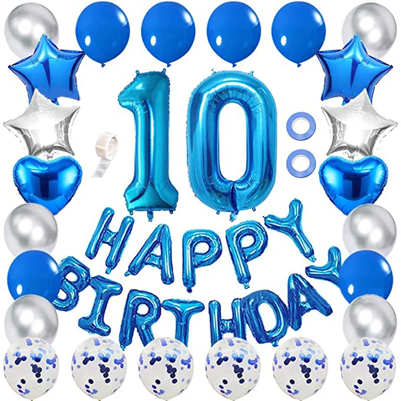 Conjunto de globos de 10 &deg; cumplea&ntilde;os para ni&ntilde;o y ni&ntilde;a, decoraci&oacute;n de fiesta de cumplea&ntilde;os, color azul, con n&uacute;mero de estrella de feliz cumplea&ntilde;os, 10-0