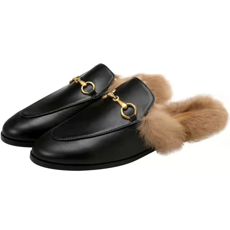 

Net Red Hairy Slippers Women's Outer Wear Autumn Aand Winter 2021 New Rabbit Fur Velvet Flat-Bottomed Half-Slippers Female Mules