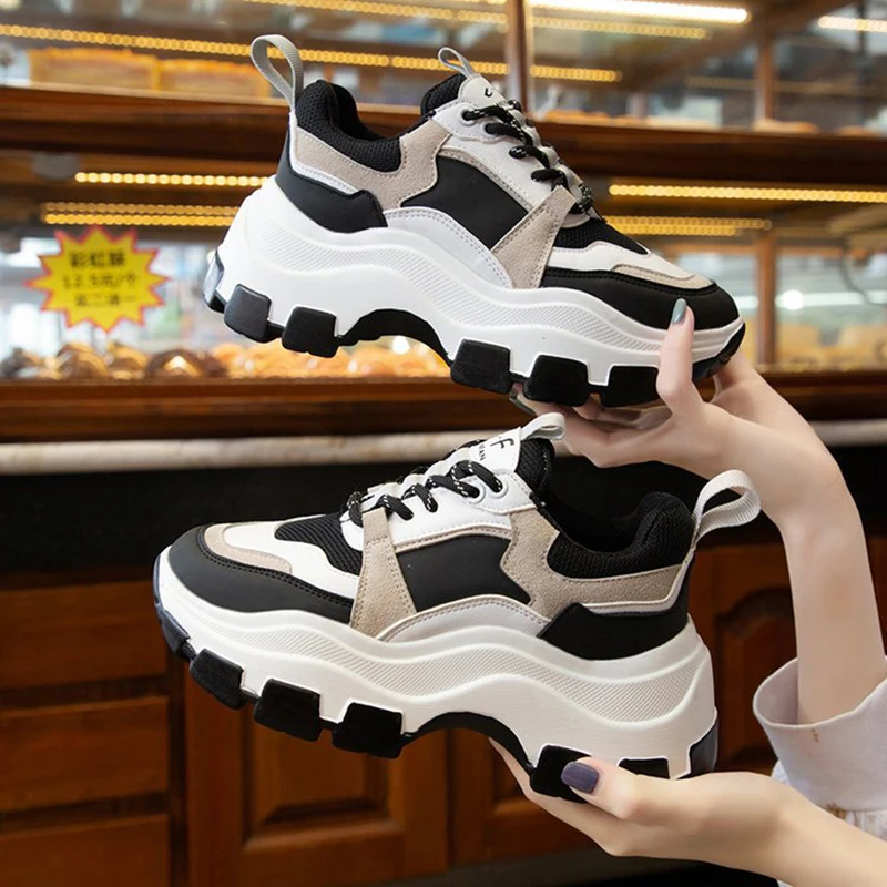 Fashion Chunky Shoes Thick Sole Female Mesh Lace Up Platform Vulcanize Shoes Casual Footwear White Walking Shoes