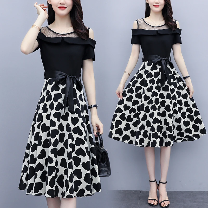 

Fashion Sexy Off Shoulder Patchwork Women's Dress Elegant Fake Two Mesh Clothes Female Transparent Plus Size Printed Dresses