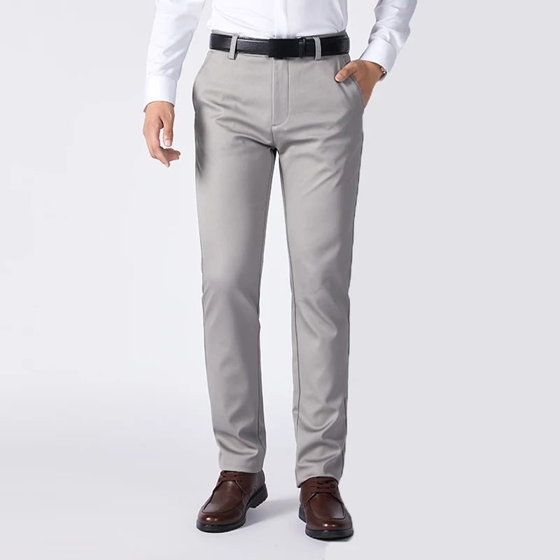 

BROWON/осенние мужские повседневные брюки из Tencel, свободные прямые однотонные плотные брюки, модные деловые обычные брюки, мужская одежда