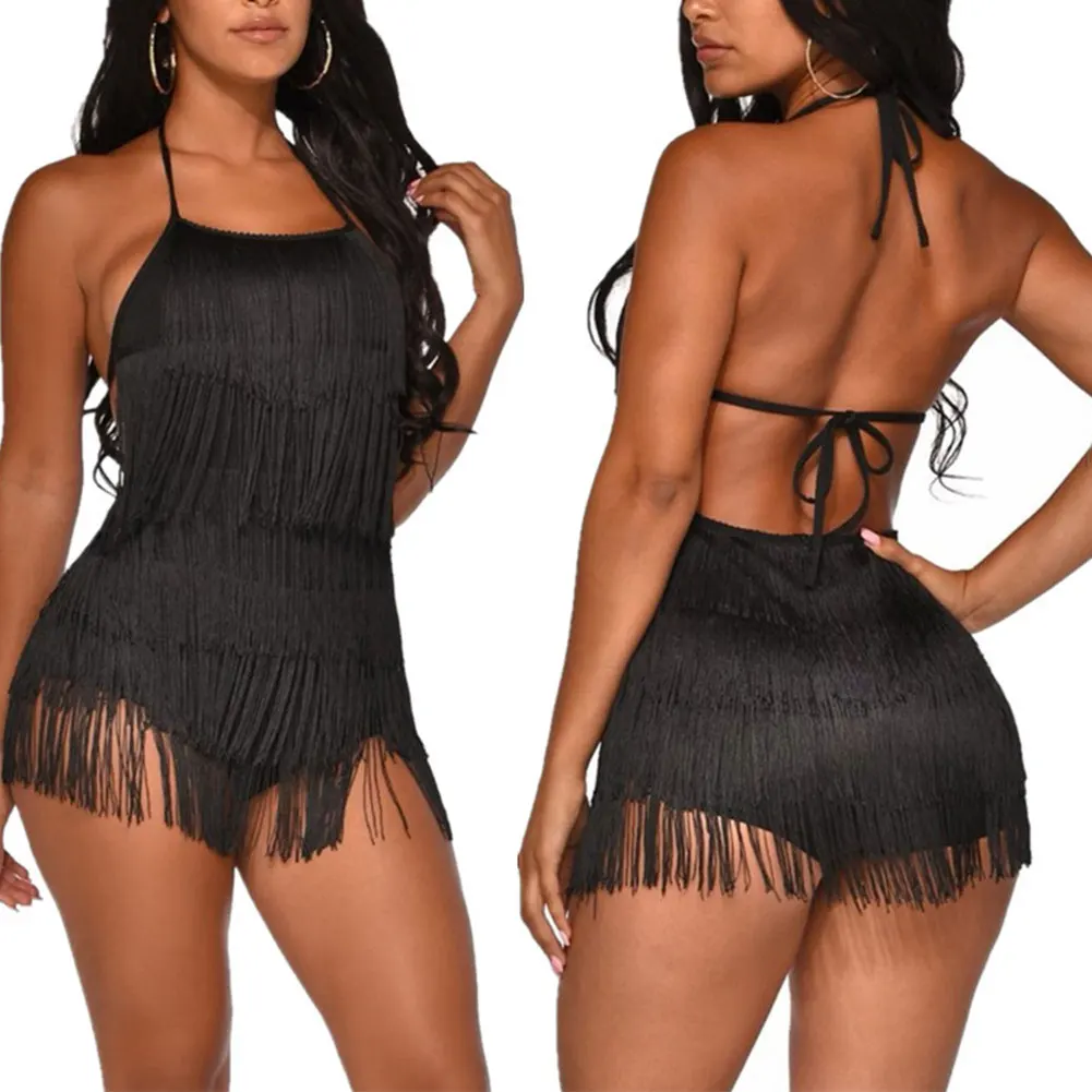 Женский сексуальный боди с кисточками лямкой на шее открытой спиной бретельках