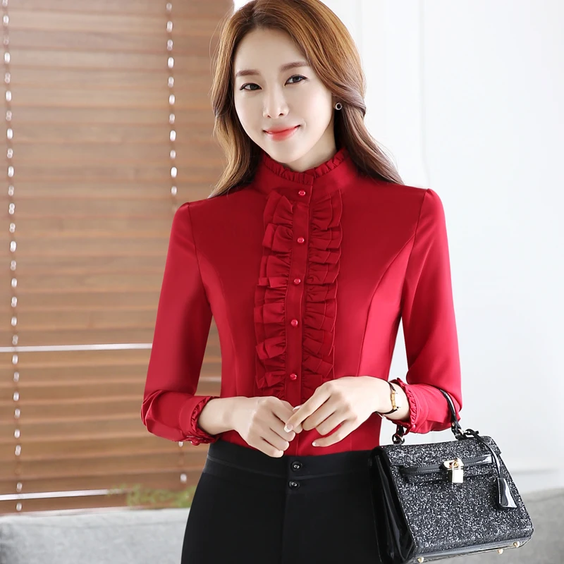 Big Size 4XL Women OL Shirt Casual Summer Autumn Long Sleeve Stand Collar Ruffles Blouse Slim Women Office Shirt Ladies Tops