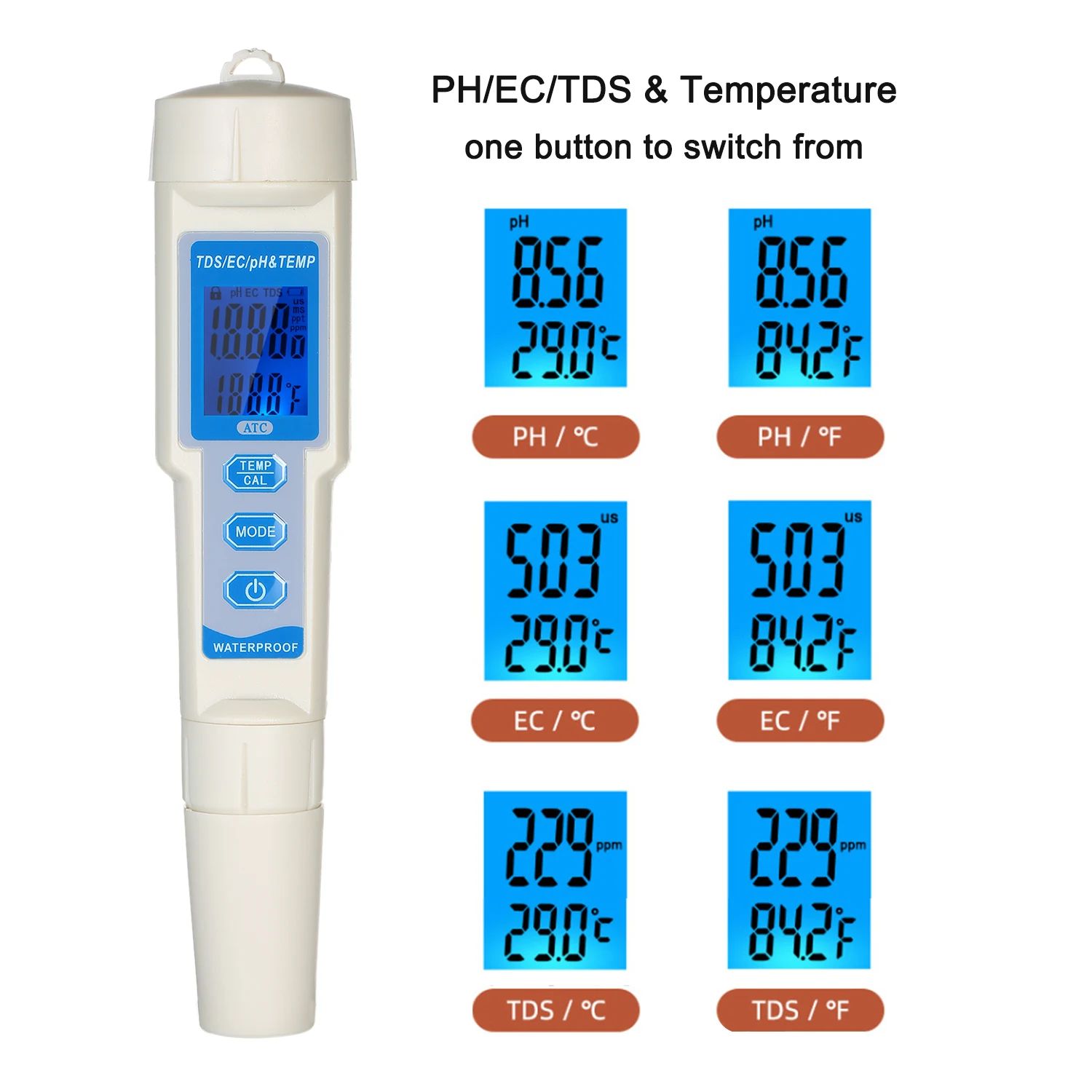 

4in1 Water Quality Tester Pen Water Quality Analysis Instrument PH/EC/TDS/Temperature Meter PH Meter TDS Meter with ATC Function
