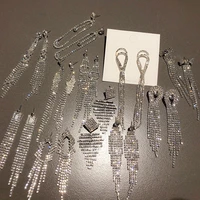 flatfoosie luxury crystal tassel long drop earrings for women elegant silver color rhinestone hanging earrings wedding jewelry
