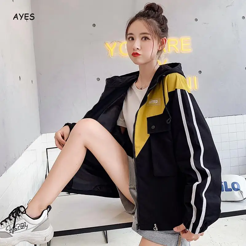 

Korean Style Hooded Jacket Women Long Sleeve Pockets Design 2019 Autumn Patchwork Hoodies Coat Zipper Harajuku Oversized Outwear