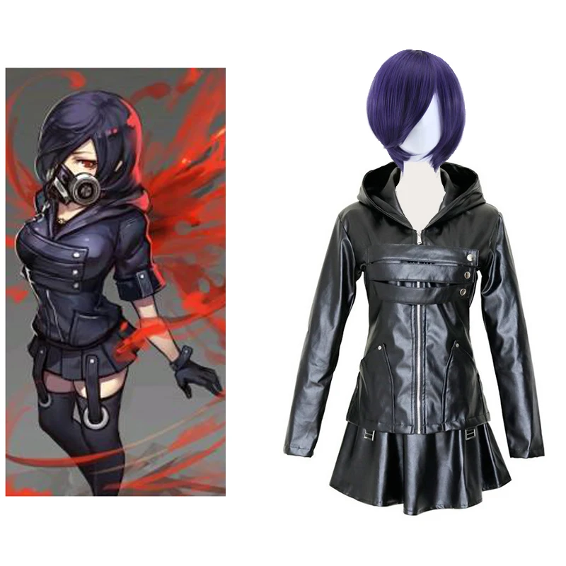 

Tokyo Ghoul Leather Cosplay Costume Touka Kirishima Uniform Purple Wig Women Girls Full Set Jacket Skirt Stocking Carnival Dress