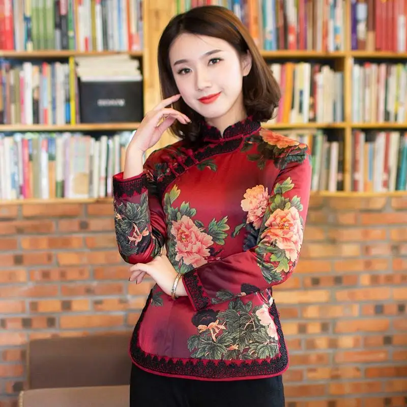 

Cheongsam Women Plus Size Tops 2021 Winter Cotton Blend Prints Splicing Thickening Warm Chinese Style Qipao Skinny Shirts Woman