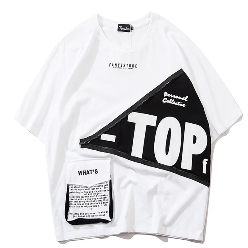 

Summer Tshirt Hip Hop Streetwear Zipper Design Pocket Patchwork T-shirt Harajuku Short Sleeve Tops Tees Loose Cotton