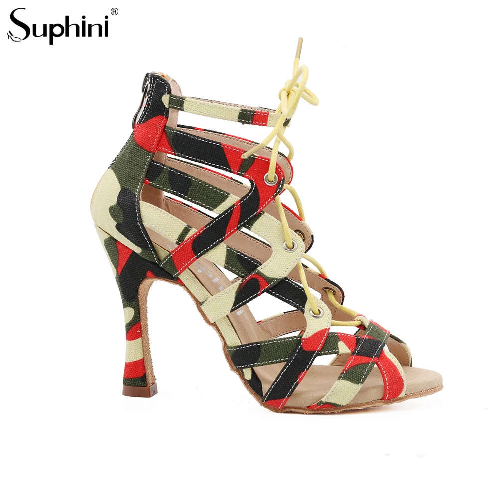 

Suphini Blue Camouflage Fabric Sexy Cool Girl Party 10cm/7.5cm Heel Ankle Lace-up Latin Dance boots