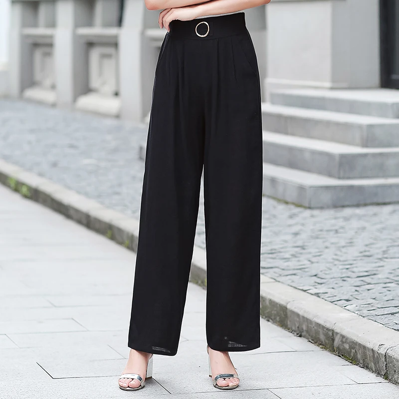 

Summer Cotton Linen Wide Leg Pants Women Long Trousers Casual Middle-aged Women Pants Loose High Waist Black Pants