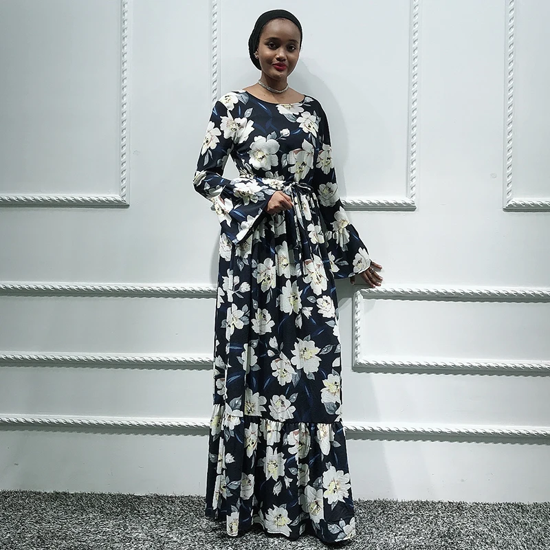 

Siskakia Maxi Dress Lily Printed African Muslim Long Dress Navy Blue Abaya Dubai Turkey Pakistan Saudi Arabia Moroccan Kaftans