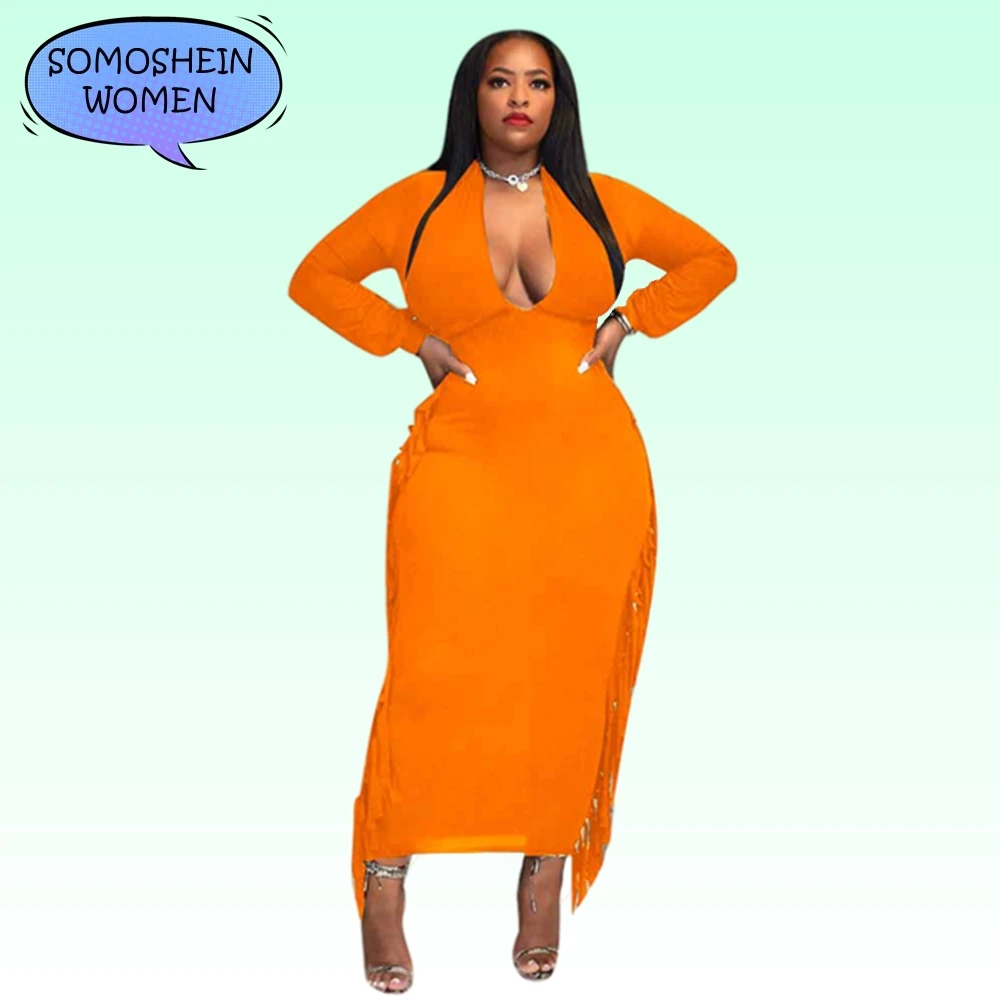 

Женское платье-макси с длинным рукавом и глубоким V-образным вырезом