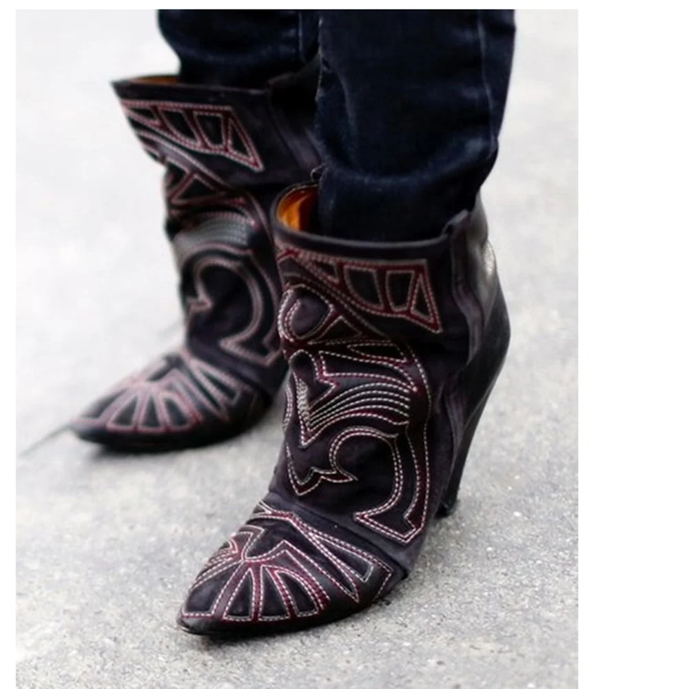 Hot Selling Classic Style Ankle Leather Wedged Boots Vintage Totem Pointed Toe Slip-On High Heels Amazing Fashion Newest boots