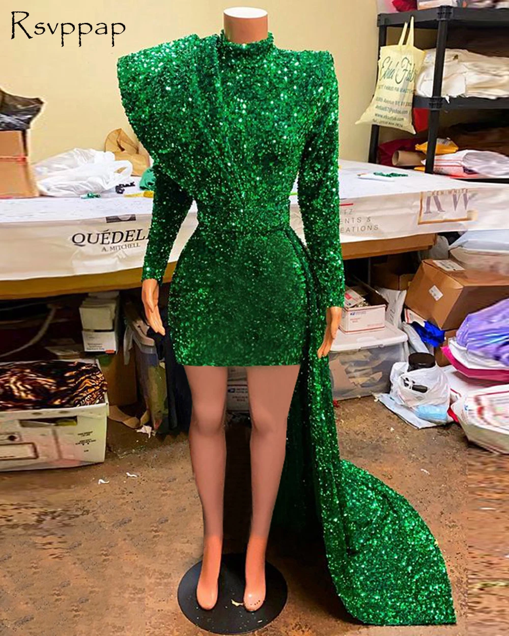 

Green Prom Dresses 2022 High Neck Long Sleeve Short Front Long Back Sequin African Black Girls Prom Gowns