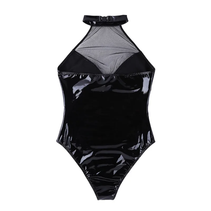 Wetlook кожаный боди женский купальник обтягивающий без рукавов Холтер с высоким