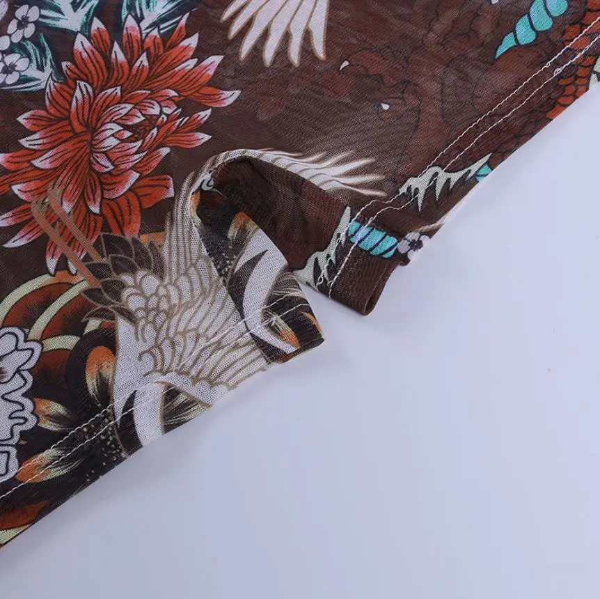 

2021 New Fashion Women's Summer See-through Chinese Vintage Print Rompers Long Sleeve Slim Playsuits Jumpsuits Leotards Clothes