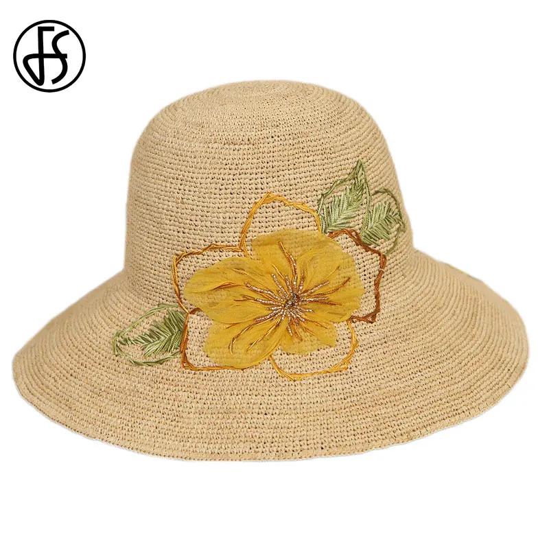 Женская соломенная шляпа с широкими полями FS розовая желтая и большим цветком