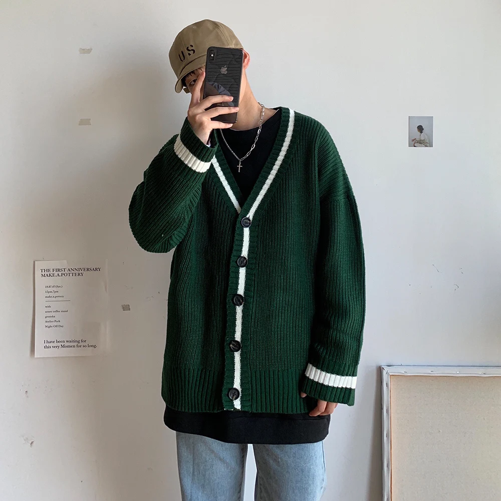 Мужской трикотажный кардиган свободный однотонный Повседневный свитер в