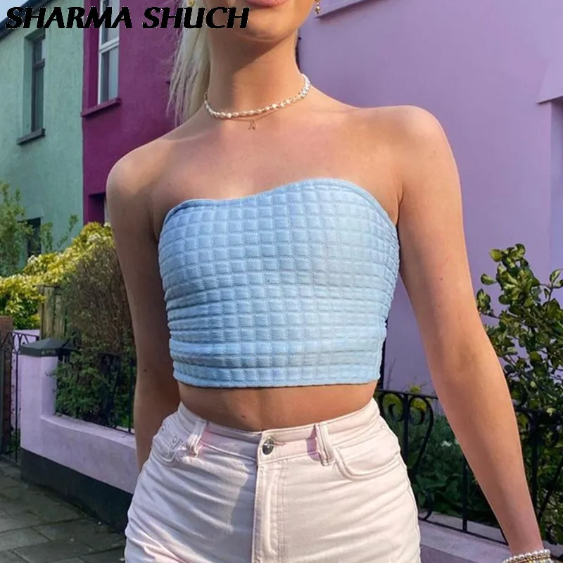 

2021 summer blue Halter Sexy Backless One word collar plaid Tank Tops for Streetwear Women Sleeveless Vest Top Cropped tank tops