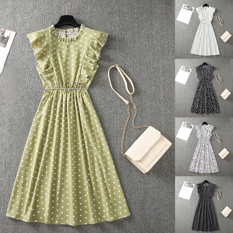 

Breathable Summer Fashion Dots Polk Women Dress Ruffles Dresses Midi Sundress Sleeveless Dress Soft Hearts Flowers Dots Dress