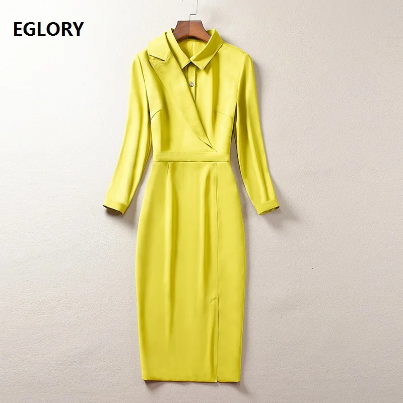 

Elegant Work Dress 2020 Autumn Fashion Women Turn-down Collar Tunic Buttons 3/4 Sleeve Bodycon Knee -Length Pencil Dress Yellow