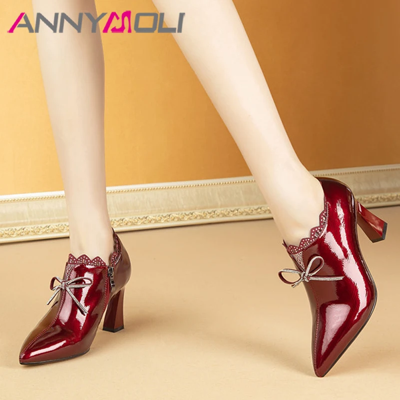 

ANNYMOLI Natural Genuine Leather Pumps Women High Heels Bow Crystal Hoof Heel Shoes Dress Zipper Female Footwear Spring Black 46