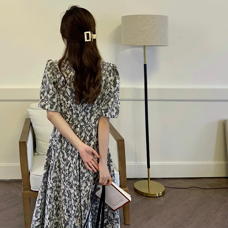 

Kimotimo Elegant Dress 2021 Korean Chic Summer French Hollow Lace-up Square Collar Crochet Stitching A-line Vestidos Mujer Femme