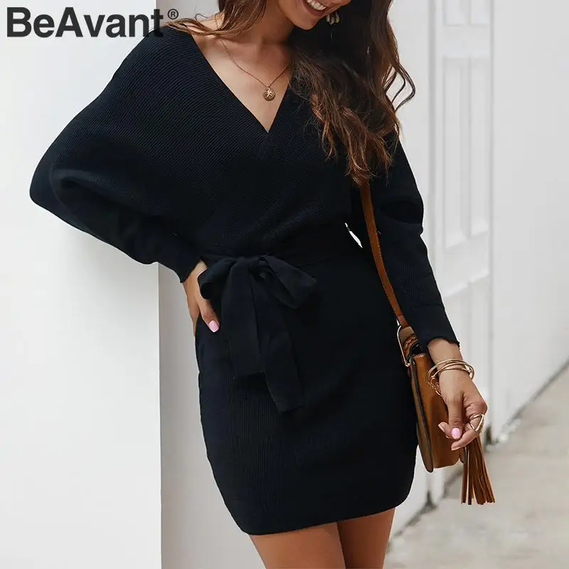 BeAvant сексуальное женское платье-свитер с v-образным вырезом платье высокой талией