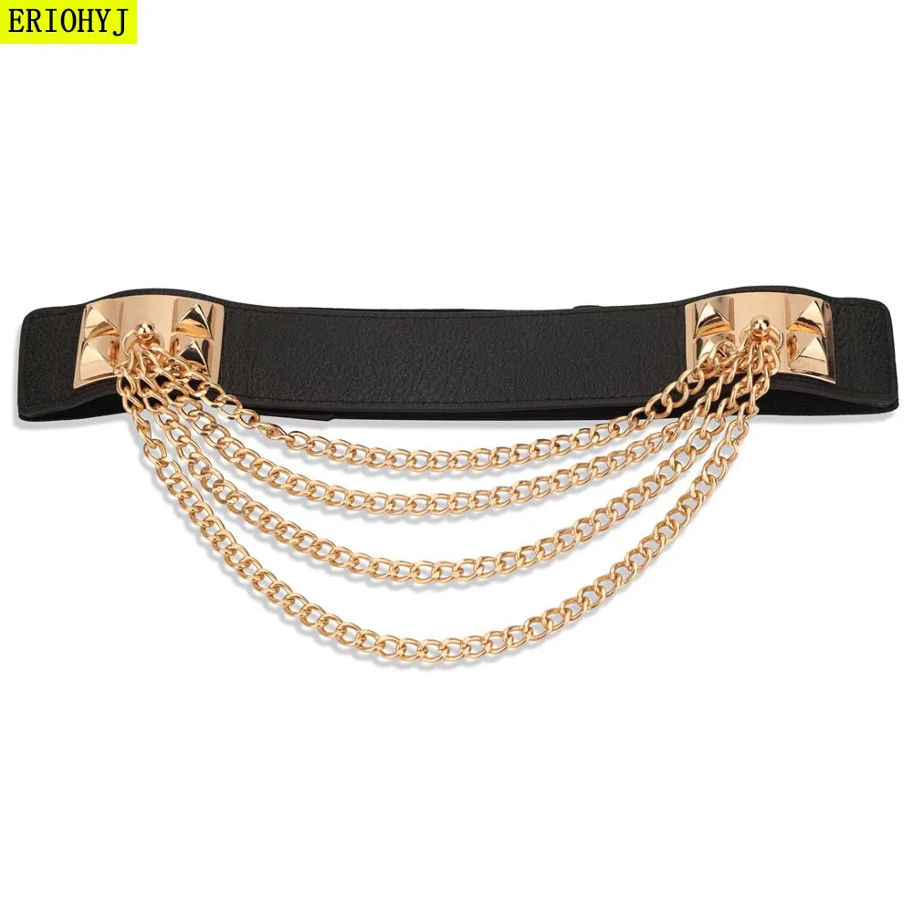 

ERIOHYJ Luxury Ladies Belt Belt Wild Dress Elastic Belt Metal Four Waist Chain Gold Layer Banquet Dress Women Elastic Band Thin