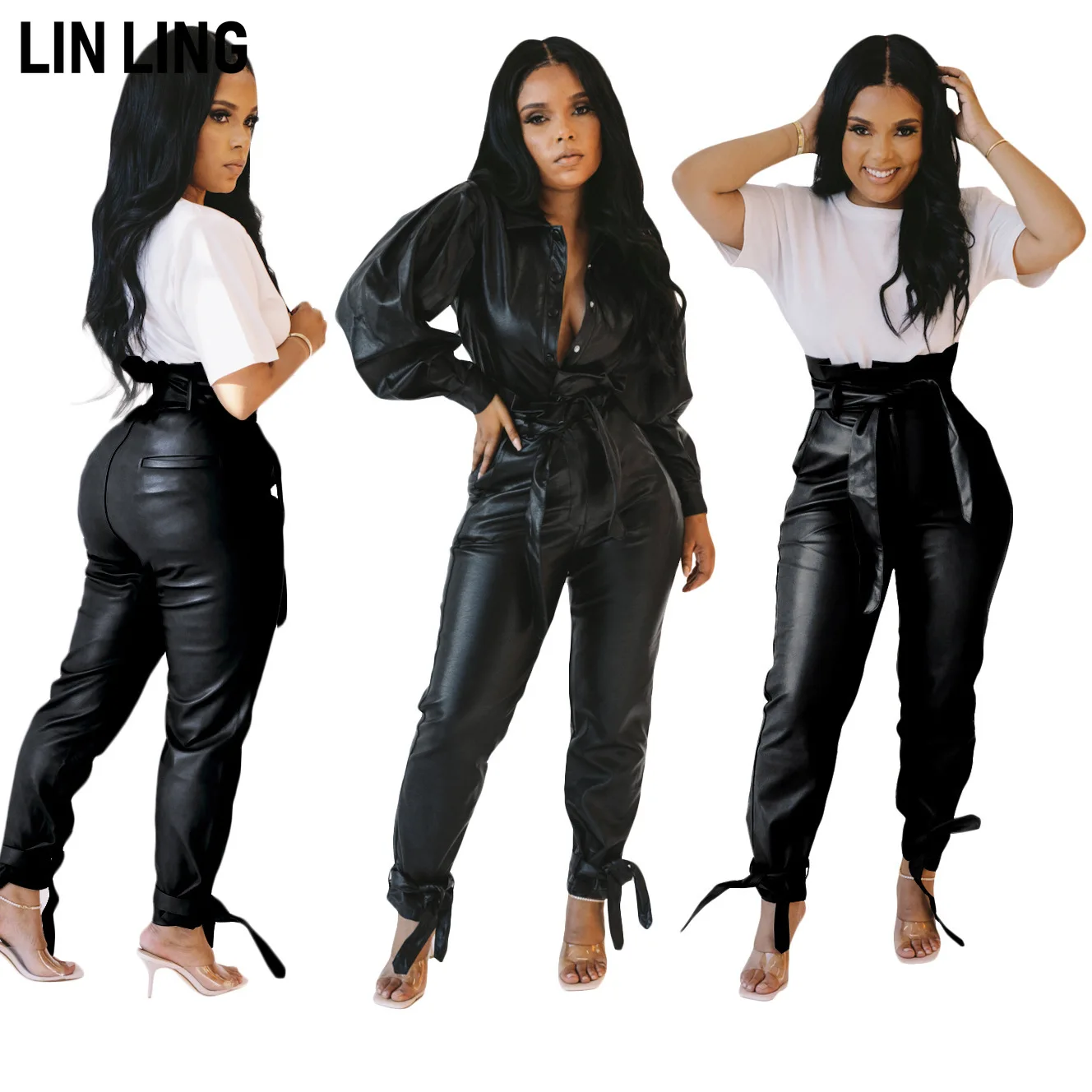 

LINLING Lapel Full Sleeve Clothes 2021 Fashion Temperament Covered Button Coat High Quality PU Leather Jacket Women