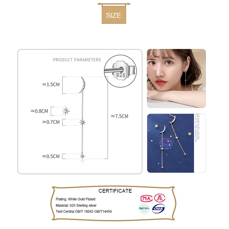 100% 925 Sterling Silver Earrings for Women Asymmetric Moon Star Dazzling CZ Chain Stud Jewelry Gift DT48 | Украшения и